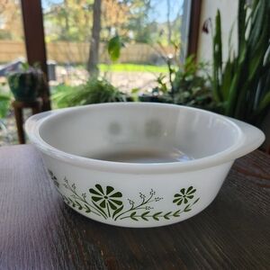 Vintage Glasbake Green Daisy Milk Glass Casserole Serving Bowl